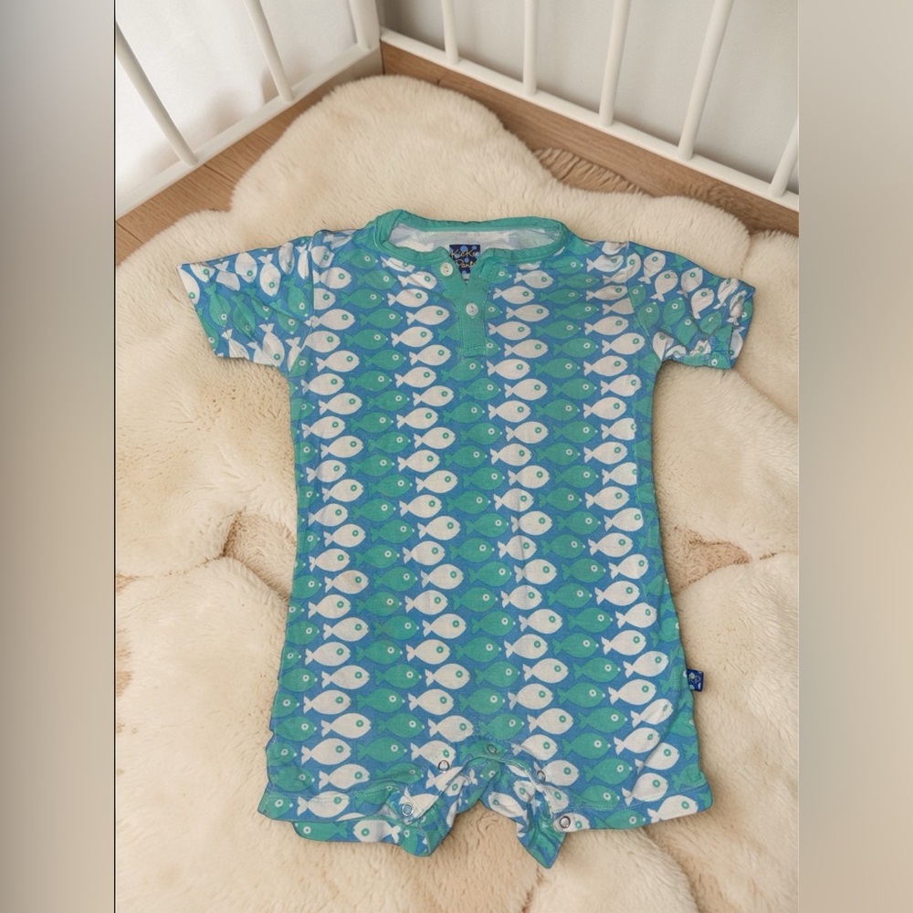 Kickee Pants Aqua Fish Print Baby Romper